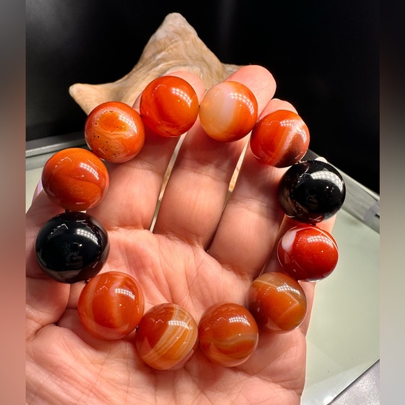 ORANGE SARDONYX + BLACK ONYX NATURAL STONES BRACELET size 7” - Picture 15 of 15